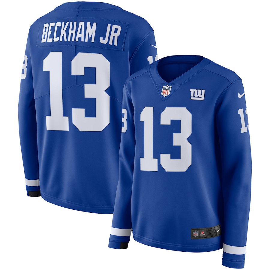 Women New York Giants 13 Beckham Jr blue Limited NFL Nike Therma Long Sleeve Jersey